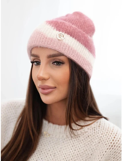 Dámská čepice beanie žebrovaná s ozdobou tmavě růžová+pudrově růžová Dámská čepice beanie žebrovaná s ozdobou tmavě růžová+pudrově růžová