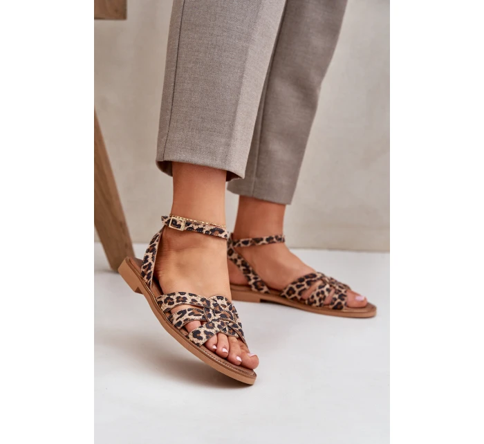Kožené Dámské Sandály Na Plochém Podpatku Leopardí Zazoo model 21682224 Hnědé - Boto