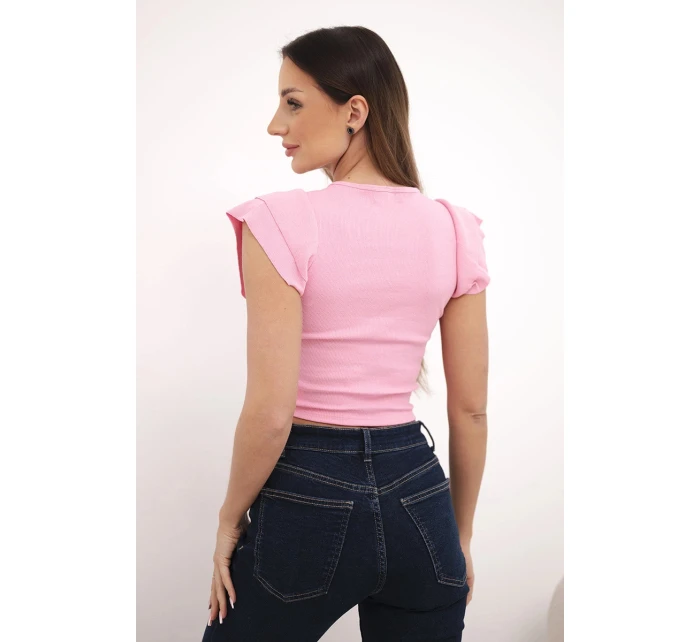 Dámská žebrovaná proužkovaná halenka na ramínkách s volánkem světle růžová