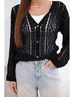 Dámský bavlněný ažurový svetr zapínaný na knoflíky s výstřihem do V černý