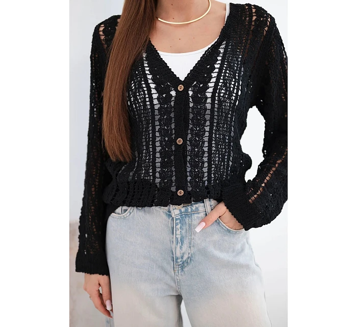Dámský bavlněný ažurový svetr zapínaný na knoflíky s výstřihem do V černý