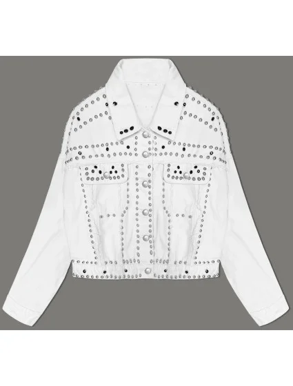 Bílá dámská džínová bunda s ozdobnými kamínky (M7010) Bílá dámská džínová bunda s ozdobnými kamínky (M7010)