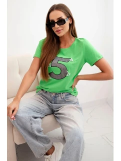 Dámská blůza s krátkým rukávem a nášivkou s perličkami zelená