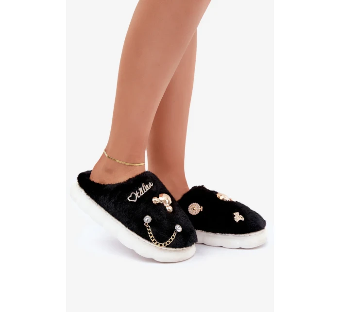 Futrzane Pantofle S Odznaky Černé Ivelfedi