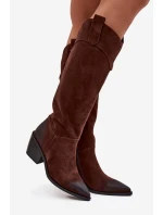 Dámské cowboy kozačky na podpatku z přírodního semiše Artiker – hnědé