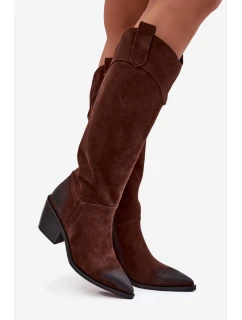 Dámské cowboy kozačky na podpatku z přírodního semiše Artiker – hnědé