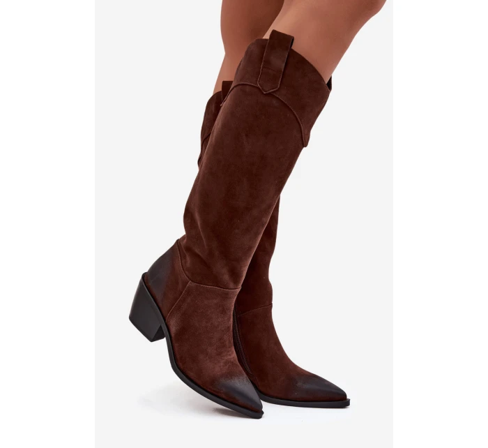 Dámské cowboy kozačky na podpatku z přírodního semiše Artiker – hnědé