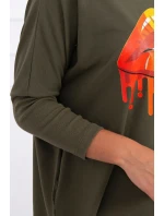 Oversize halenka s duhovým potiskem rtů v barvě khaki