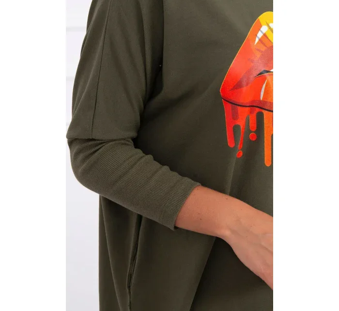 Oversize halenka s duhovým potiskem rtů v barvě khaki