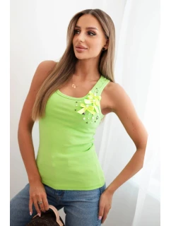 Dámský žebrovaný top z bavlny s květinovou aplikací zelená