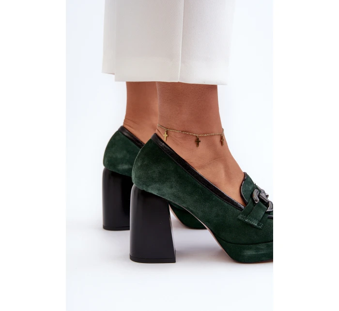 Kožené lodičky na masivním sloupku model 21657286 tmavě zelené - Laura Messi
