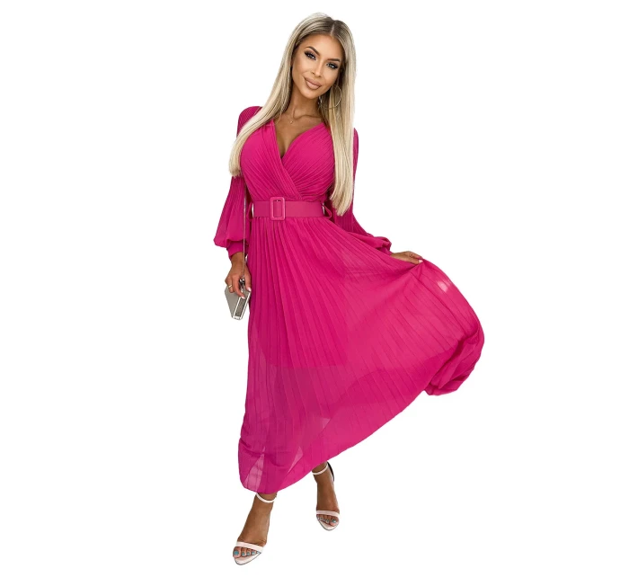 414-4 KLARA plisované šaty s páskem a výstřihem - FUKSY