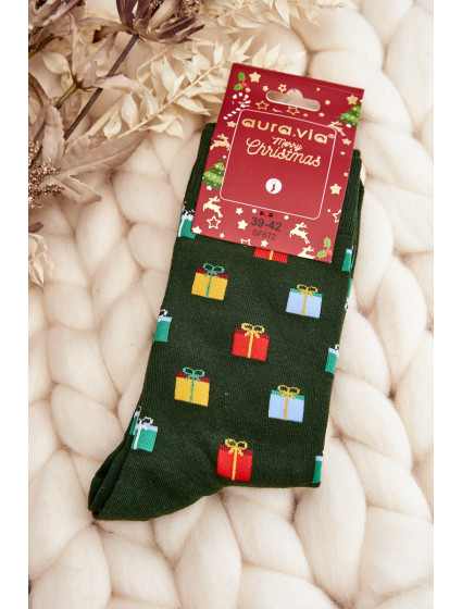 Pánské bavlněné vánoční vzory ponožek tmavě zelené