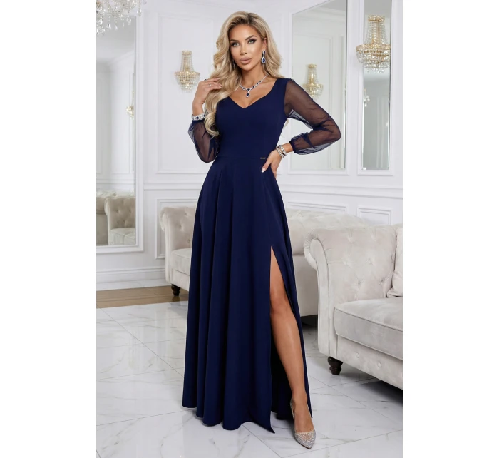 640-3 LORETTA jedinečné dlouhé šaty s tylovými rukávy a výstřihem - tmavě modré