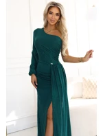658-2 Třpytivé maxi šaty na jedno rameno s asymetrickými rukávy a rozparkem - lahvově zelené 658-2 Třpytivé maxi šaty na jedno rameno s asymetrickými rukávy a rozparkem - lahvově zelené