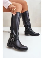 Dámské Kozačky Před Koleno Na Ploché Podpatky S Přezkami Černé Lotina Dámské Kozačky Před Koleno Na Ploché Podpatky S Přezkami Černé Lotina