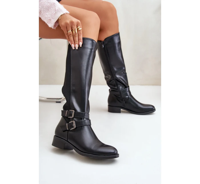 Dámské Kozačky Před Koleno Na Ploché Podpatky S Přezkami Černé Lotina Dámské Kozačky Před Koleno Na Ploché Podpatky S Přezkami Černé Lotina