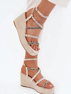 Dámské Sandály Na Klínu Se Zdobením Na Páskách Béžové Lunara