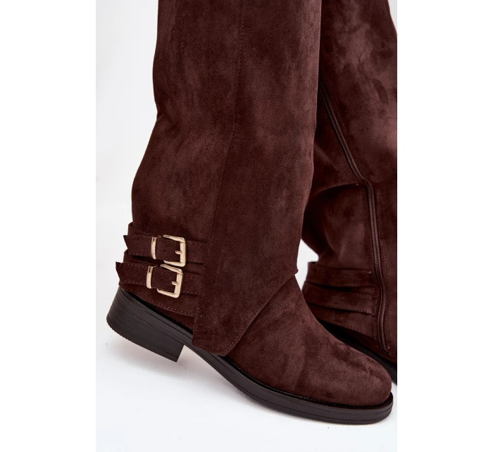 Zateplené dámské kozačky s přezkami čokoládové model 21715392 - Boto