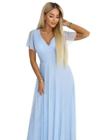 dlouhé třpytivé šaty s výstřihem a krátkými rukávy modré model 22017314 - numoco basic