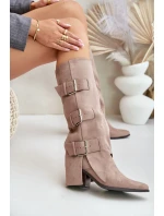 Kozačky Na Podpatku S Ohnutou Holení A Přezkami Béžové Vamissa Kozačky Na Podpatku S Ohnutou Holení A Přezkami Béžové Vamissa