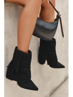 Dámské kotníkové boty na sloupku s třásněmi a zlatými přezkami Evelisse – černé