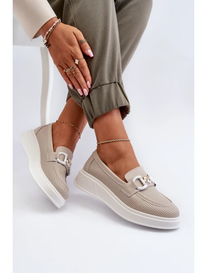 Dámské kožené mokasíny na platformě béžové model 21655725 - S.Barski