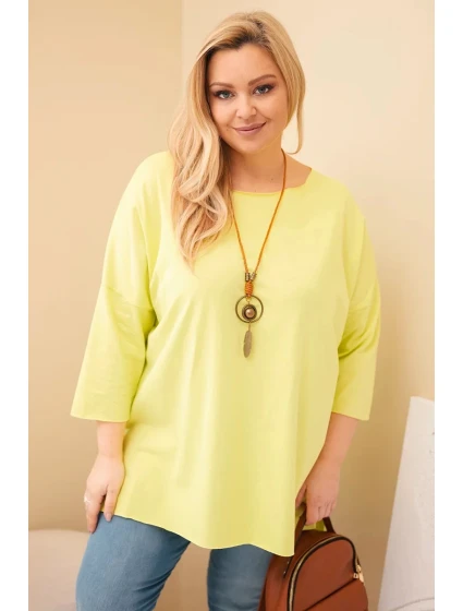 Dámská bavlněná blůza Plus Size asymetrická s náhrdelníkem žlutý neon