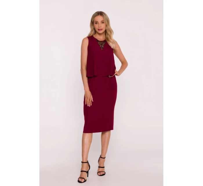 S422 Šaty s krajkovou vsadkou - bordó