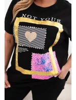 Dámská bavlněná halenka Plus Size se zlatým nápisem černá + žlutá