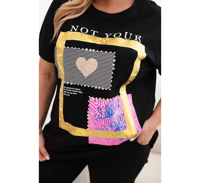 Dámská bavlněná halenka Plus Size se zlatým nápisem černá + žlutá