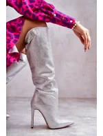 Módní kozačky na vysokém podpatku s kubickými zirkony stříbrne model 21597033 - Boto
