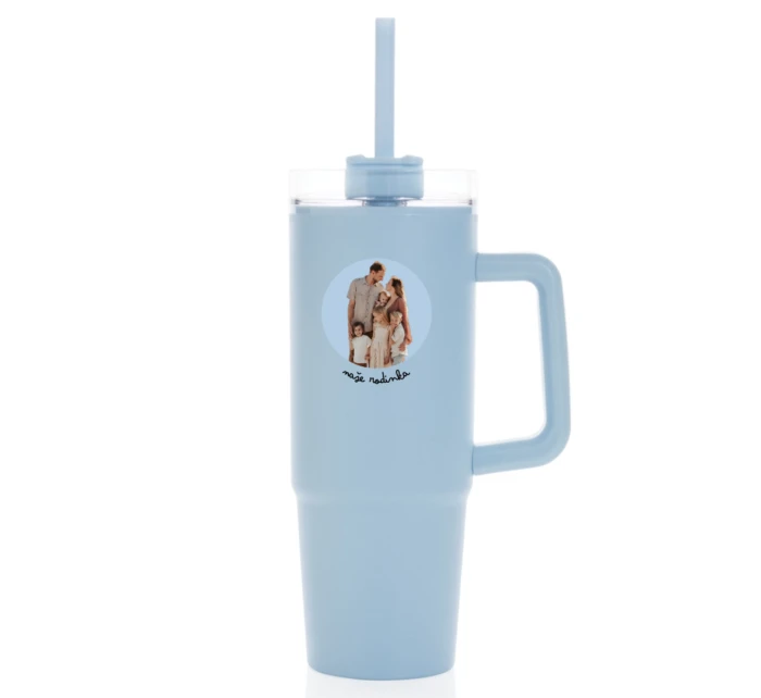 Personalizovaná termoska s průhledným víčkem s výřezem fotky na podkladu