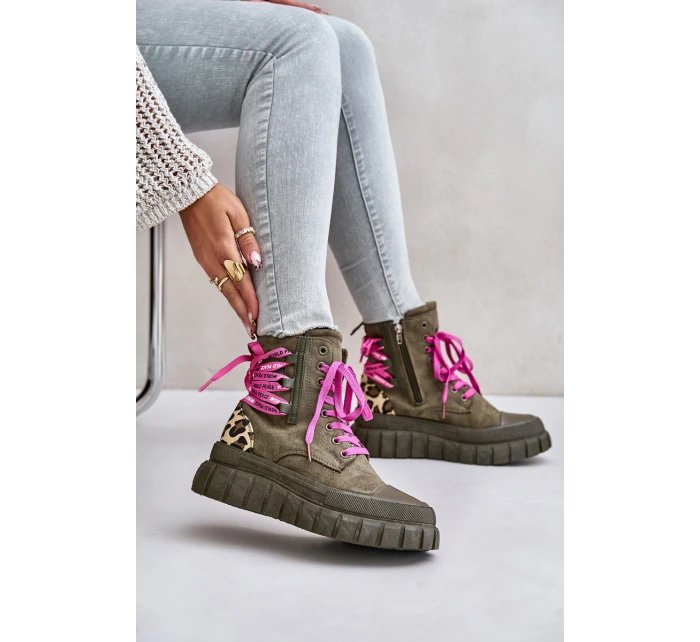 Dámské botky na platformě s ozdobným šněrováním leopardí zelené model 21673085 - EVENTO
