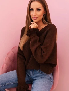 Svetr dámský z mohéru s nařasenými rukávy a výstřihem na zádech hnědý