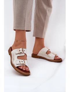 Kožené Ploché Pantofle S Přezkami Zazoo 3020 Zlaté Ošoupané