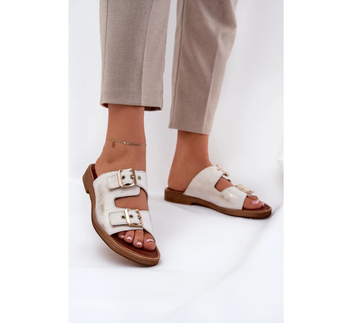 Kožené Ploché Pantofle S Přezkami Zazoo 3020 Zlaté Ošoupané