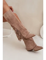 Dámské Kožené Boty Na Podpatku S třásněmi Béžové model 21704788 - Boto