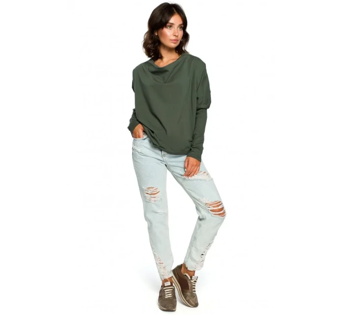 B094 Oversized top s výstřihem do V na zádech - vojensky zelený