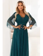 Dlouhé lesklé plus size šaty s výstřihem a rukávy lahvově zelené model 21808977 - numoco basic