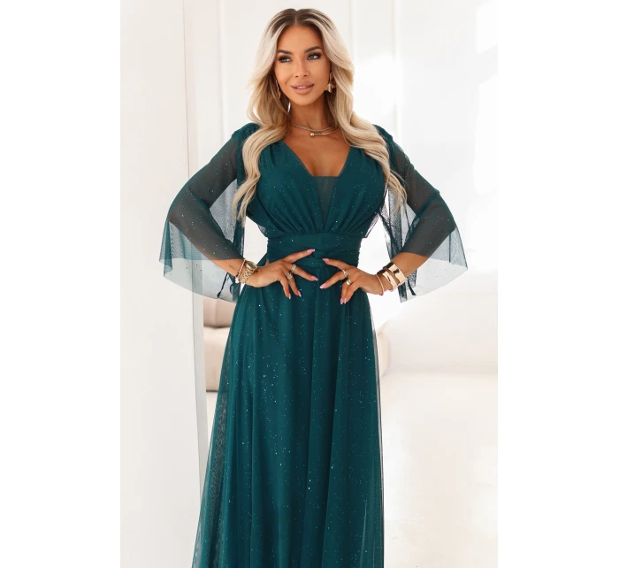654-1 Dlouhé lesklé plus size šaty s výstřihem a průhlednými rukávy - lahvově zelené 654-1 Dlouhé lesklé plus size šaty s výstřihem a průhlednými rukávy - lahvově zelené