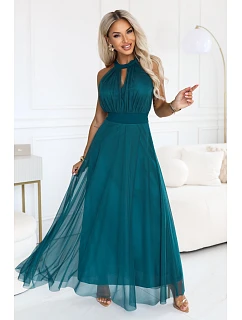 Elegantní večerní maxi šaty s výstřihem, tylem a zavazováním v pase – zelené model 22285998 - numoco basic