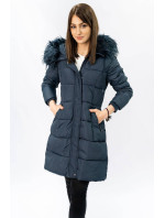 Tmavě modrá prošívaná dámská zimní bunda s kapucí (7757)