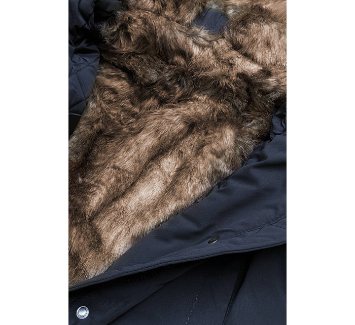 Tmavě modrá prošívaná dámská zimní bunda s kožešinou (M-137)
