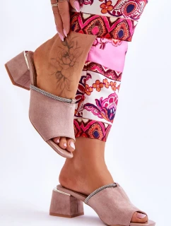 Semišové pantofle na vysokém podpatku model 21619099 Béžove - S.Barski