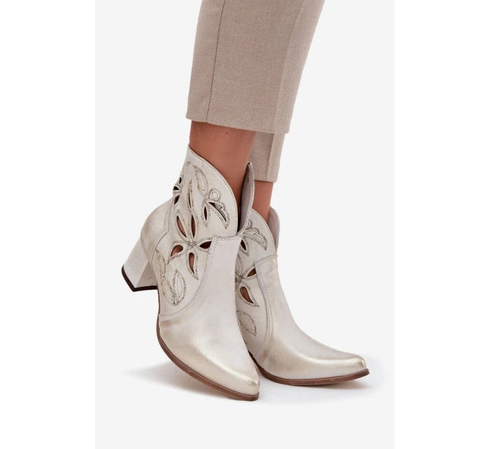 Kožené Prolamované Dámské Kotníkové Boty Na Podpatku  Zlatý model 21713208 - Zazoo