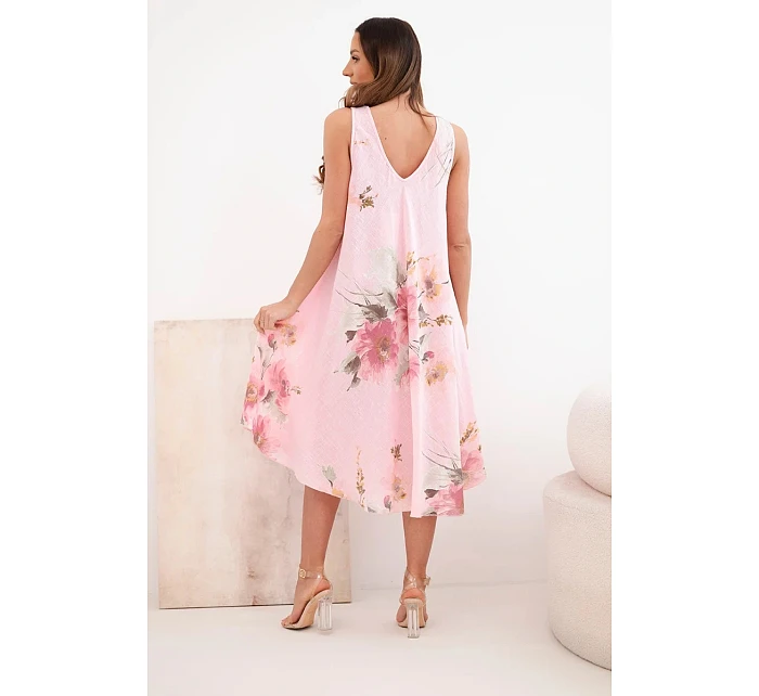 Dámské bavlněné oversize šaty s výstřihem do V a květinovým potiskem světle růžová Dámské bavlněné oversize šaty s výstřihem do V a květinovým potiskem světle růžová