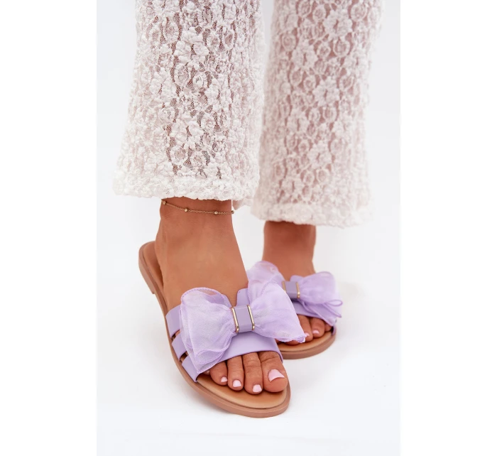 Dámské Pantofle Na Plochém Podpatku S Tylovou Mašlí Fialové Tanira Dámské Pantofle Na Plochém Podpatku S Tylovou Mašlí Fialové Tanira