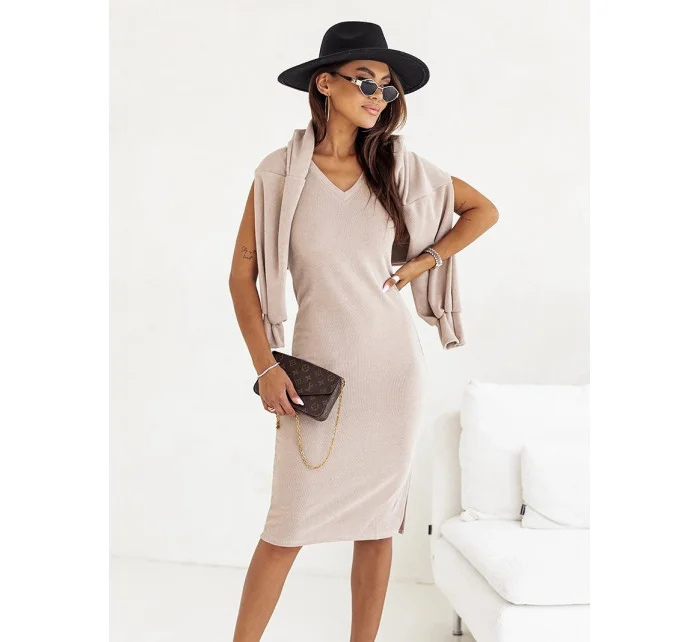 Béžový dámský úpletový komplet se šaty bez rukávů model 20543824 - Moon