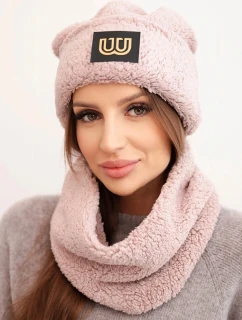 Dámská model 21495021 souprava čepice a šála s ozdobnou nášivkou tmavě pudrově růžová - K-Fashion